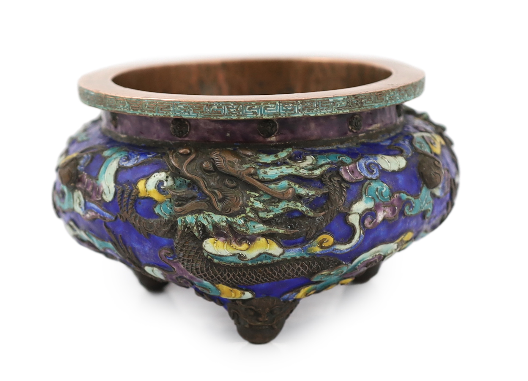 A rare Chinese champlevé enamel and copper repousse work ‘dragon’ censer, Xuande six character mark, 18th/19th century